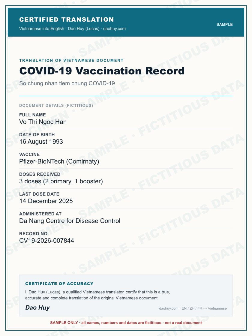 Specimen certified English translation of a Vietnamese COVID-19 Vaccination Record (sample, fictitious data)