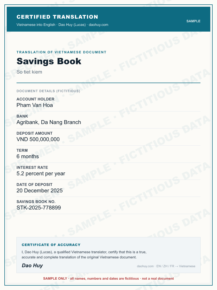 Specimen certified English translation of a Vietnamese Savings Book (sample, fictitious data)