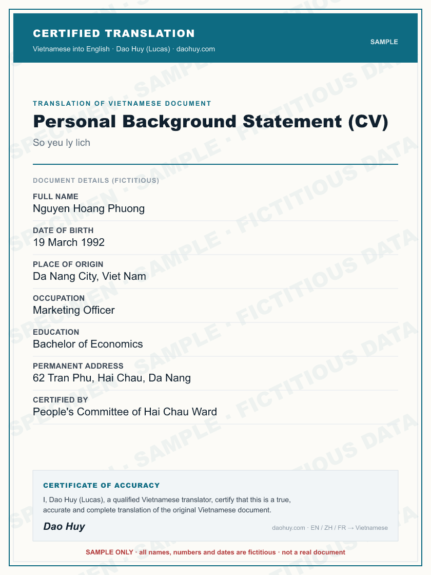 Specimen certified English translation of a Vietnamese Personal Background Statement (CV) (sample, fictitious data)