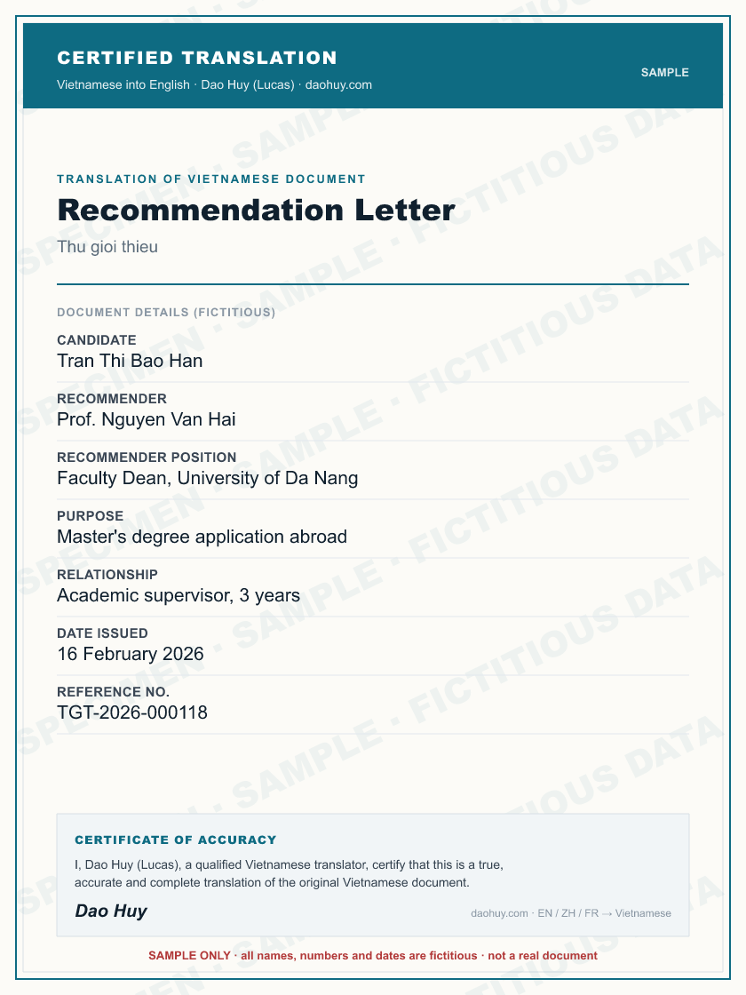 Specimen certified English translation of a Vietnamese Recommendation Letter (sample, fictitious data)