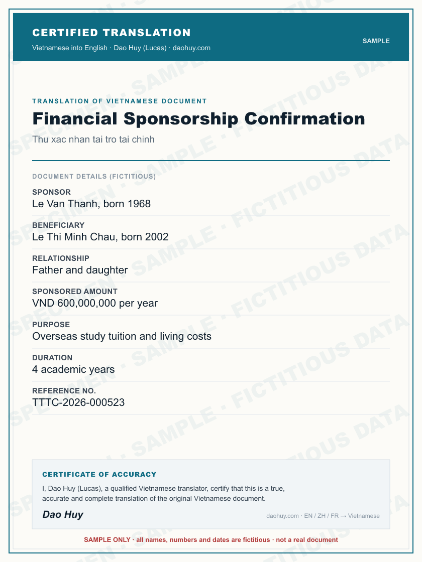 Specimen certified English translation of a Vietnamese Financial Sponsorship Confirmation (sample, fictitious data)