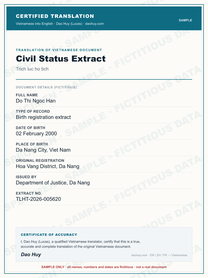 Specimen certified English translation of a Vietnamese Civil Status Extract (sample, fictitious data)