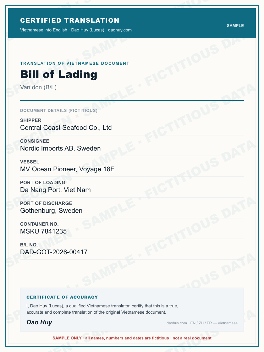 Specimen certified English translation of a Vietnamese Bill of Lading (sample, fictitious data)