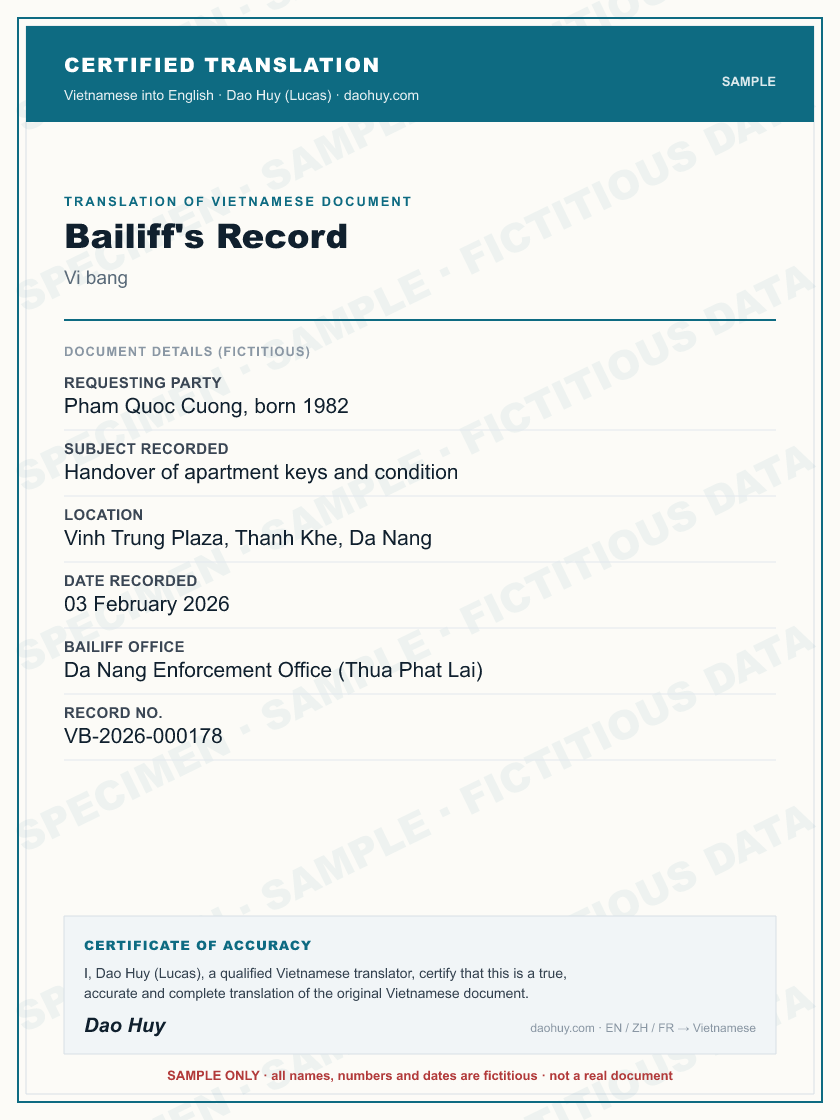 Specimen certified English translation of a Vietnamese Bailiff's Record (sample, fictitious data)