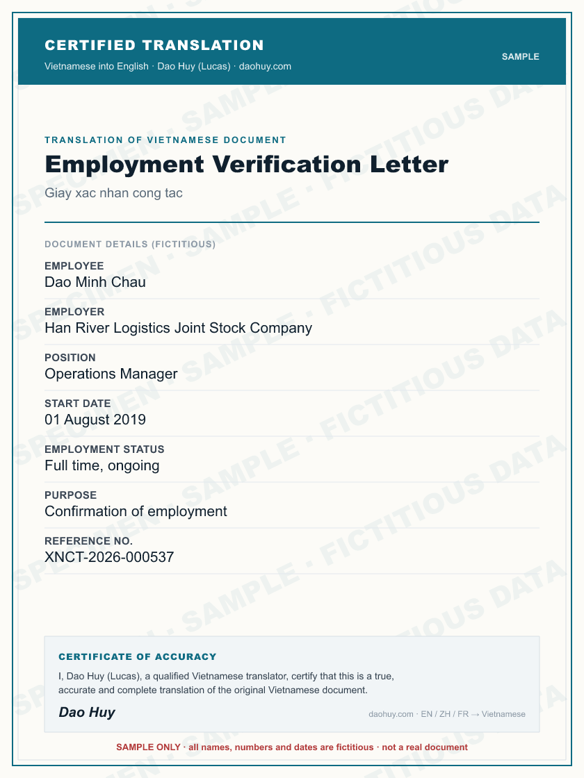 Specimen certified English translation of a Vietnamese Employment Verification Letter (sample, fictitious data)