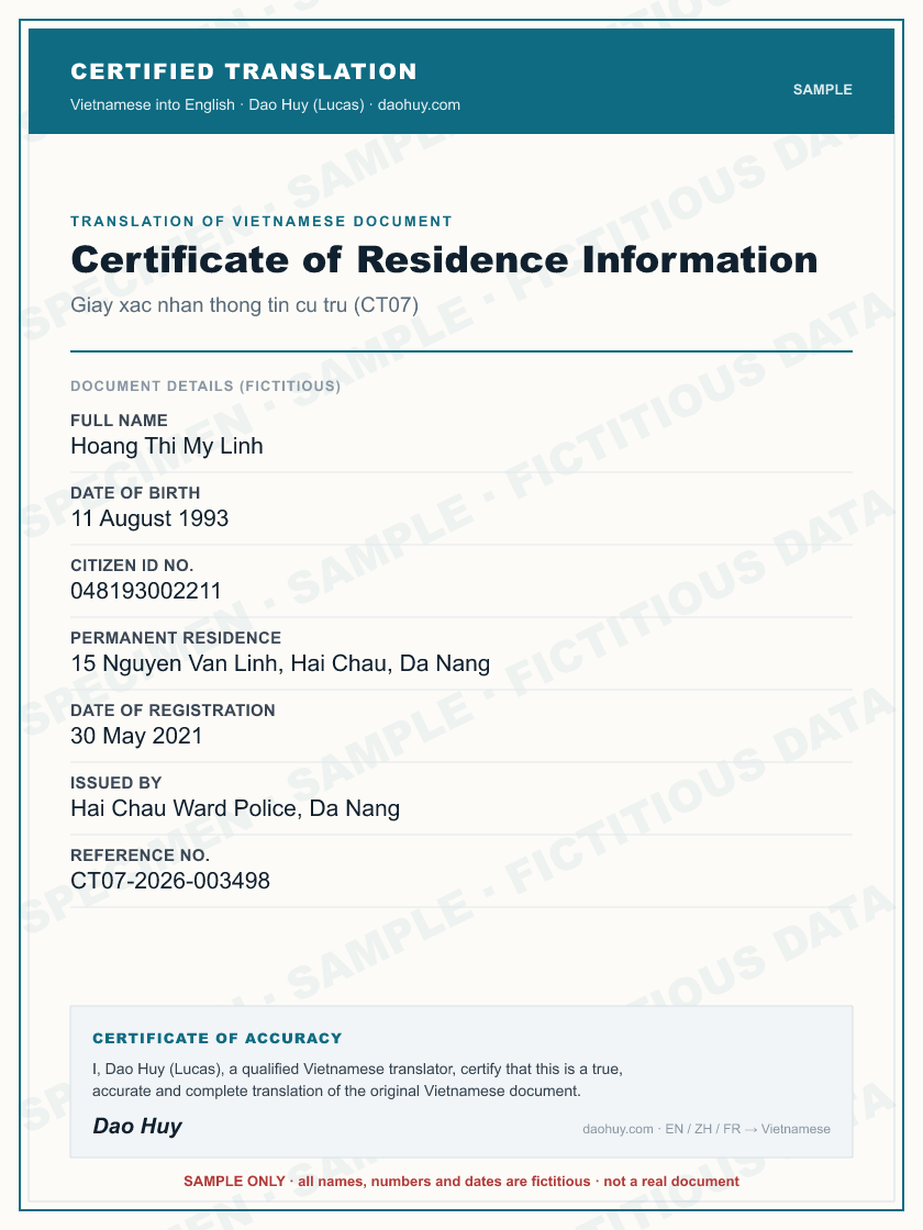 Specimen certified English translation of a Vietnamese Certificate of Residence Information (sample, fictitious data)