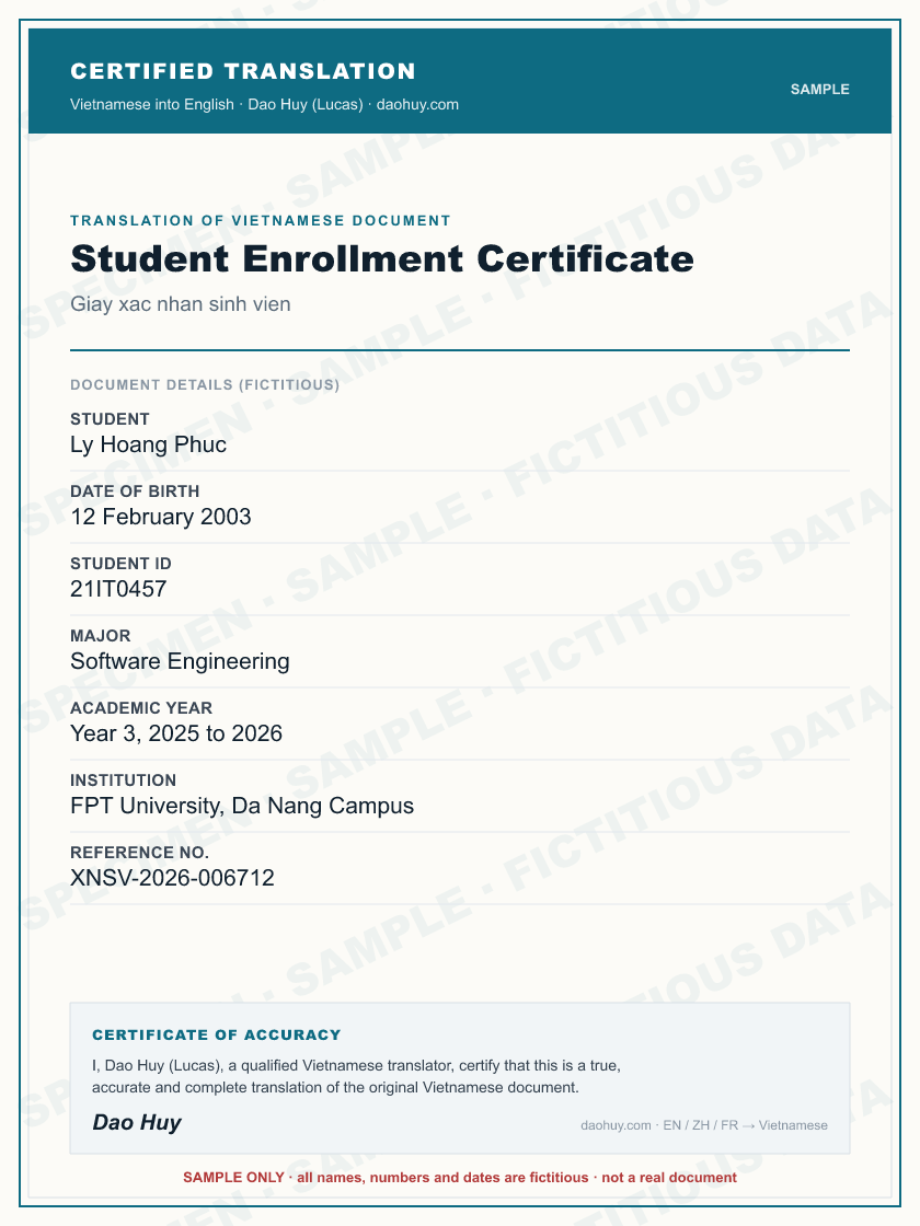 Specimen certified English translation of a Vietnamese Student Enrollment Certificate (sample, fictitious data)