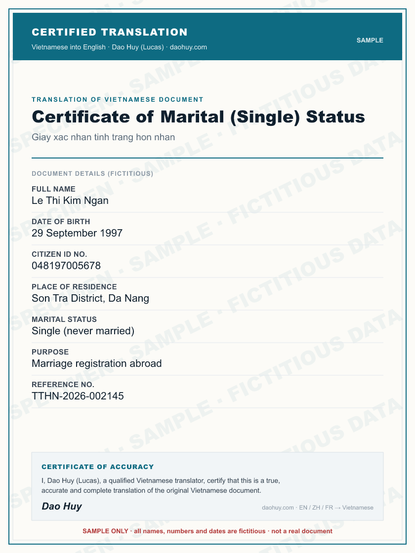 Specimen certified English translation of a Vietnamese Certificate of Marital (Single) Status (sample, fictitious data)